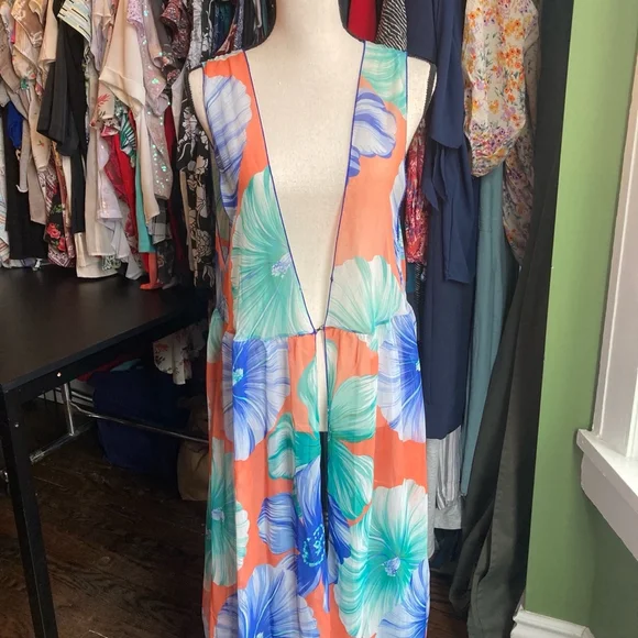 Women's bathing suit sheer cover RESORT by Chuck A. Size L Orange Floral - Picture 2 of 13